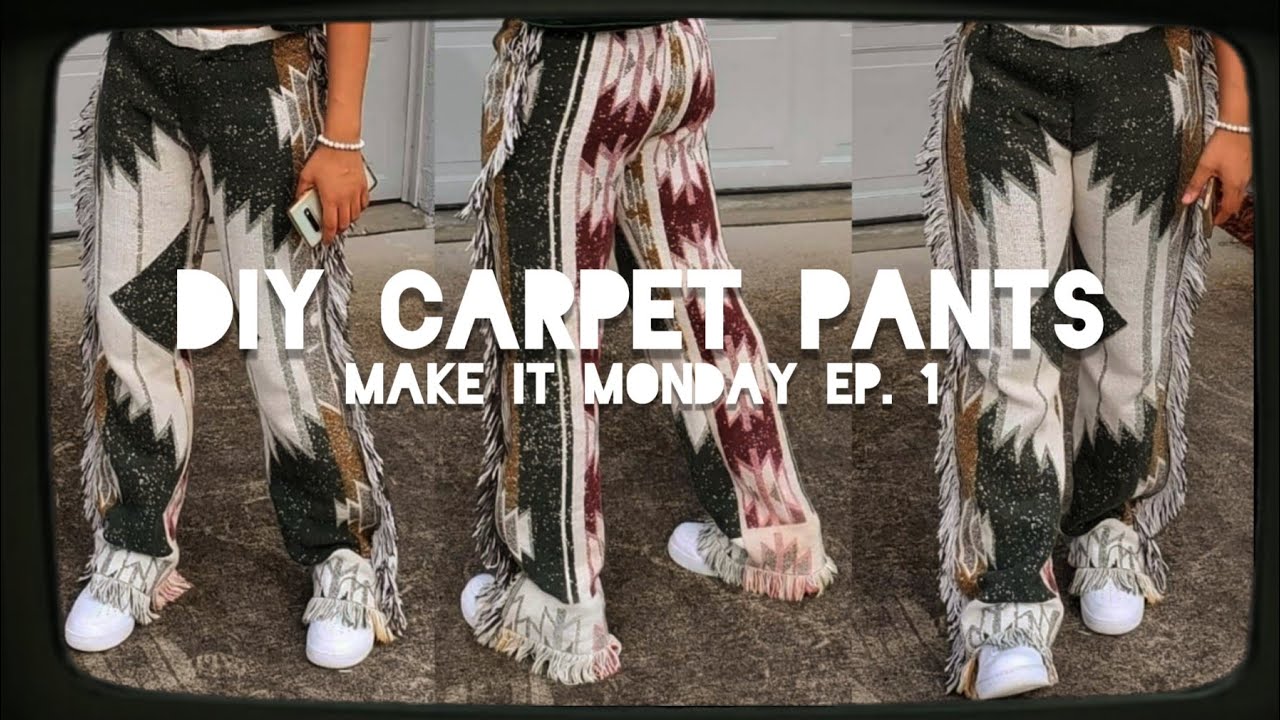 DIY CARPET PANTS FROM THRIFTED BLANKET| MAKE IT MONDAYS EP.1| CUSTOM CLOTHING| Meechie Tv