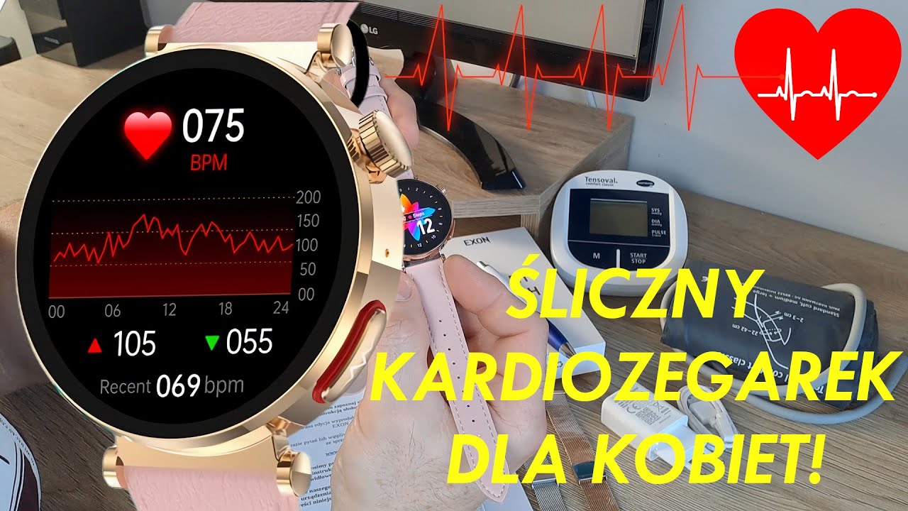 Damski  kardiozegarek  z EKG! Pomiar ciśnienia krwi, cukru,  pulsu, SOS! Kardiowatch Exon Flow.