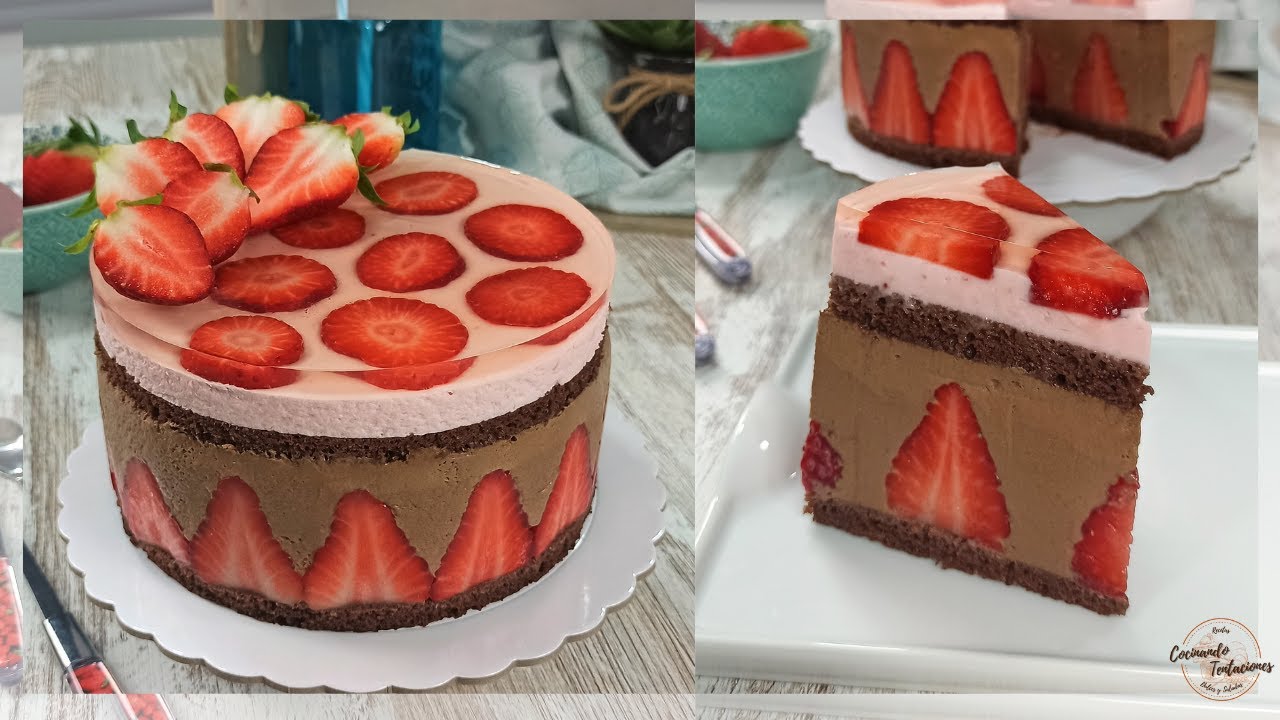 🍓TARTA MOUSSE de FRESAS con CHOCOLATE 🍫 | Con Fresas en el interior | Strawberry and chocolate cake