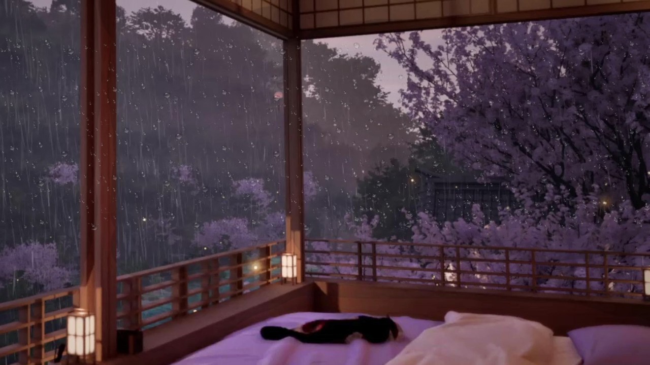 12 Hours of Steady Rain 🌧️ Distant Thunder ⚡for Deep Sleep 🌸Rest Between the Cherry Blossoms