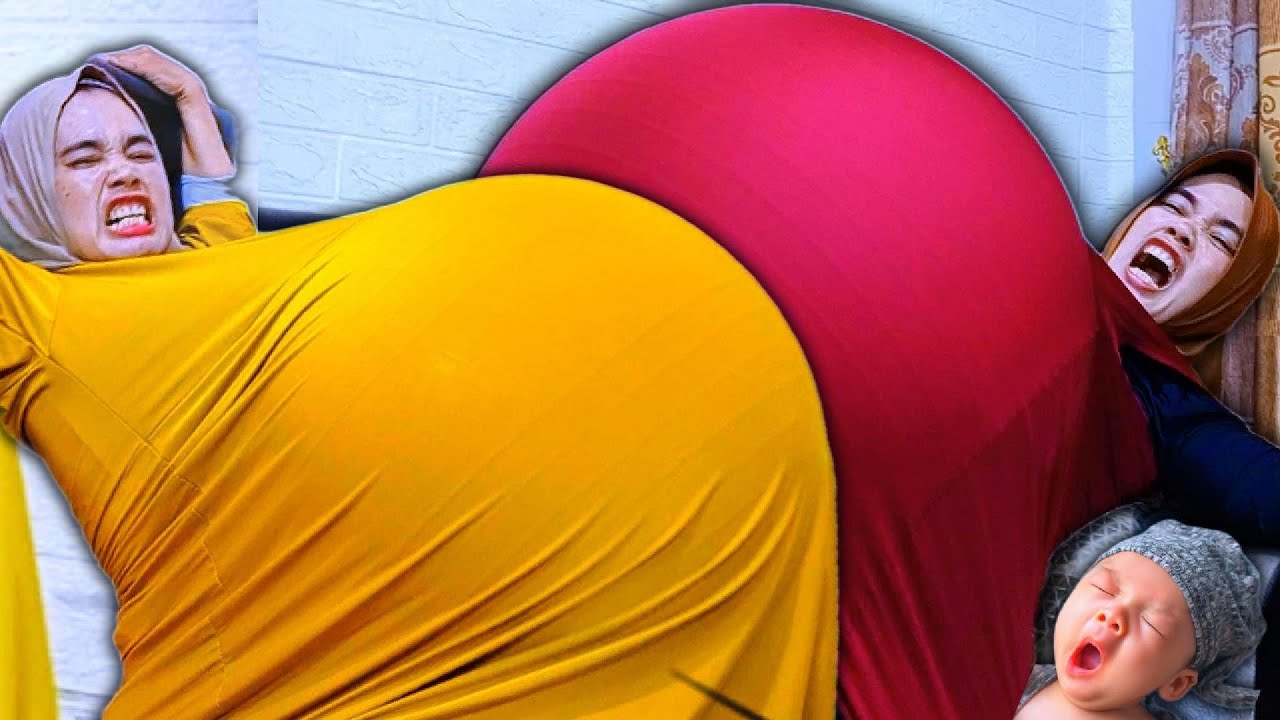 KEREN..!!!  PECAHIN BALON DALAM BAJU..POMPA  BALON JUMBO DI DALAM BAJU..MAMA MELAHIRKAN BAYI