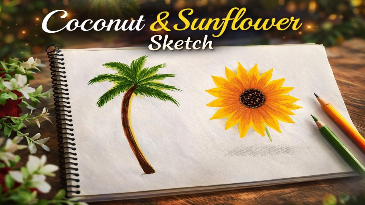 Coconut tree 🌴 & sunflower 🌻 sketch painting 🖌️, easy drawing for assignment. 