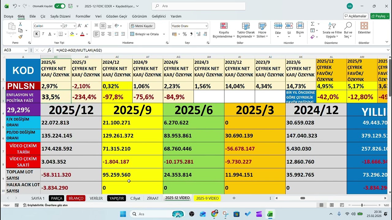 PNLSN 2025/4.Çeyrek bilanço, PNLSN 2025/12 Aylık Bilanço,