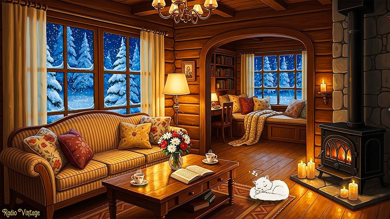 ❄️ warm winter night ambience | cozy living room with 1960s vintage oldies & relaxing fireplace