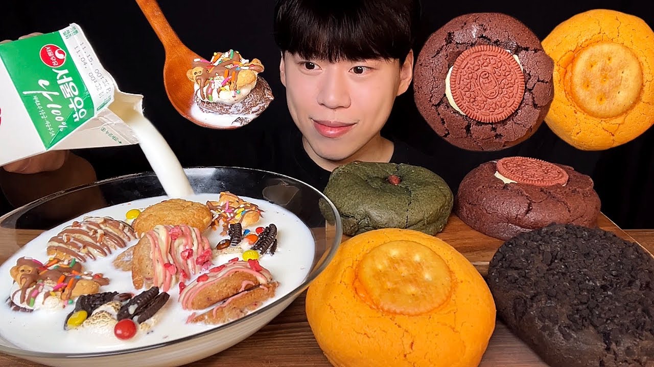 SUB) Корейское печенье со сливочным сыром и печенье mini s’more с шоу поедания молока │mukbang asmr