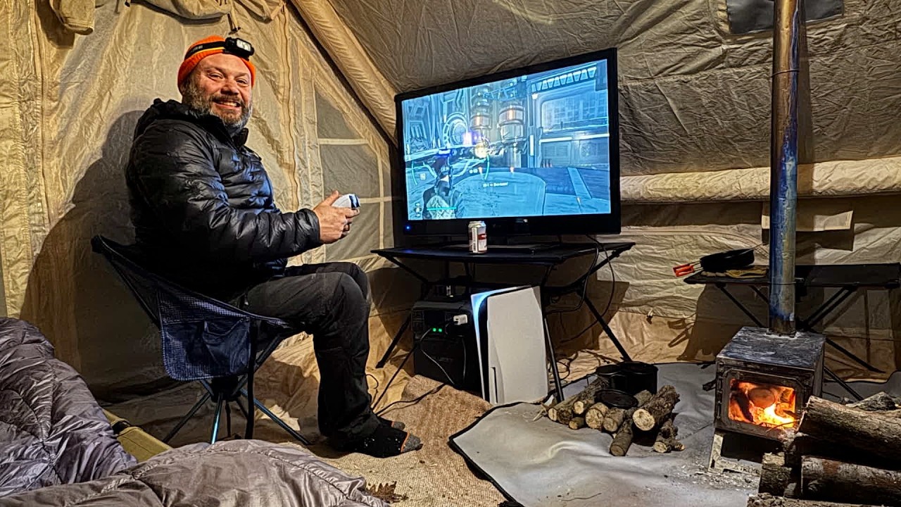 WINTER CAMPING in a HOT TENT and Playing Video Games