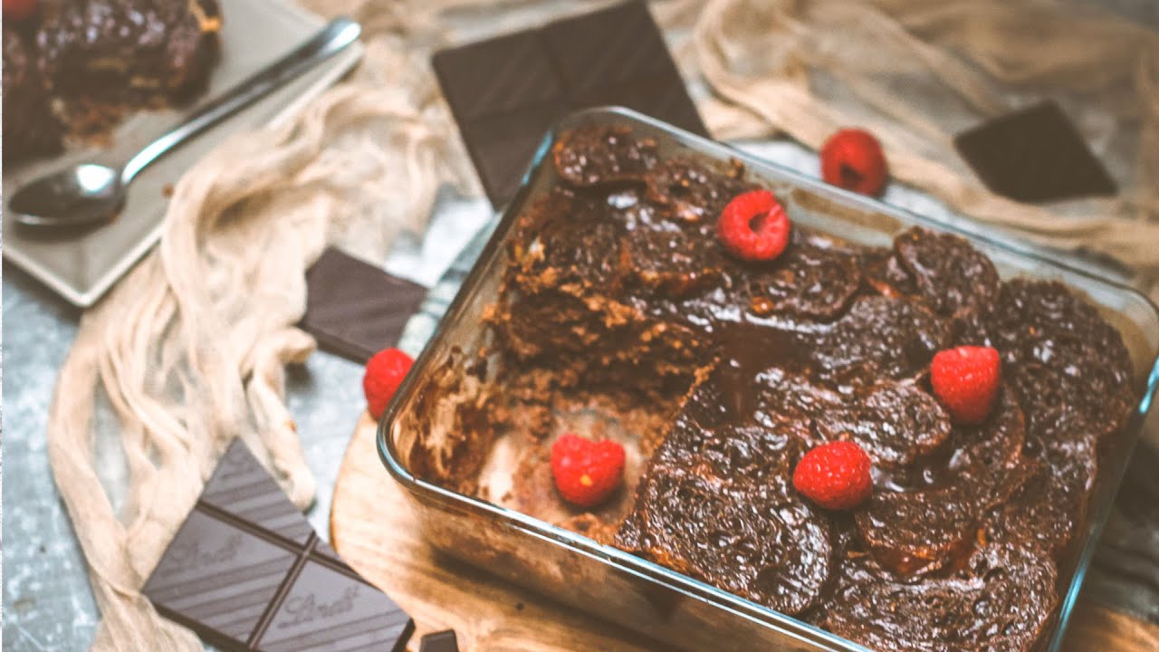 Dark Chocolate croissant bread and butter pudding | Easy dessert idea