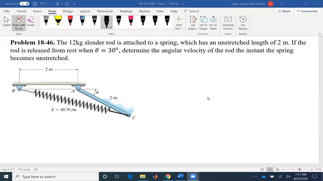 Dynamics Example 18 46: Conservation of energy for rod connected to a spring