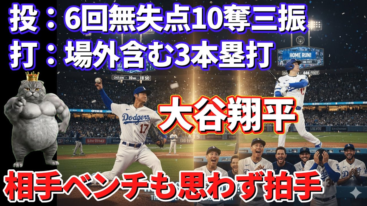 【猫ミーム】大谷翔平が「野球の歴史」を書き換えた日！ 投げて10K、打って３HR…全米震撼の二刀流・完全支配【マーフィー監督の涙】