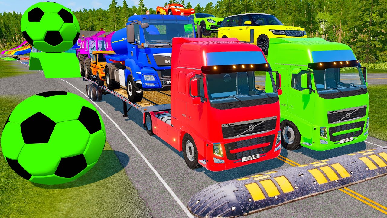 Flatbed Trailer McQueen Transportation with Truck - Speedbumps vs Cars vs Train - BeamNG.Drive #3