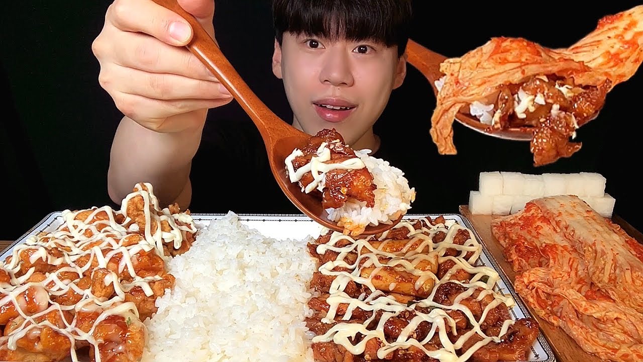 SUB) Корейское шоу поедания сладкой курицы и риса🍗│Korean sweet chicken mukbang asmr