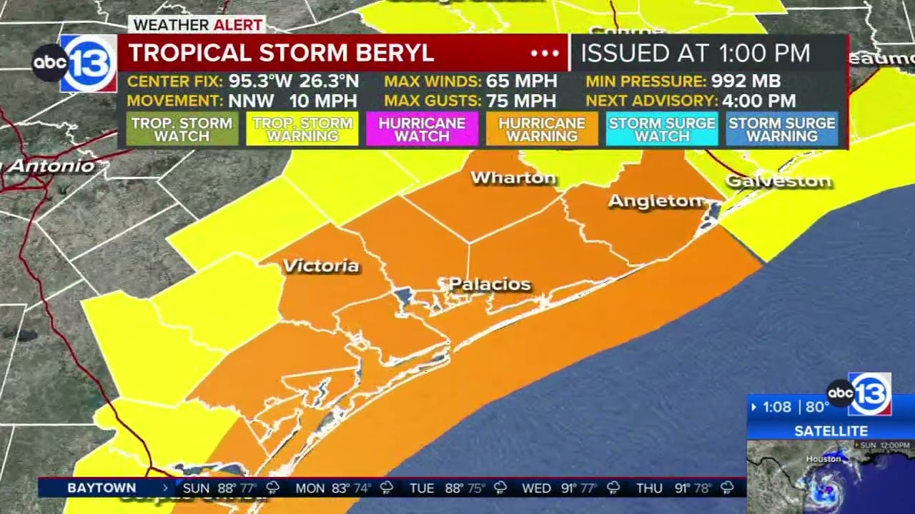 Beryl to make landfall near Matagorda Bay Monday