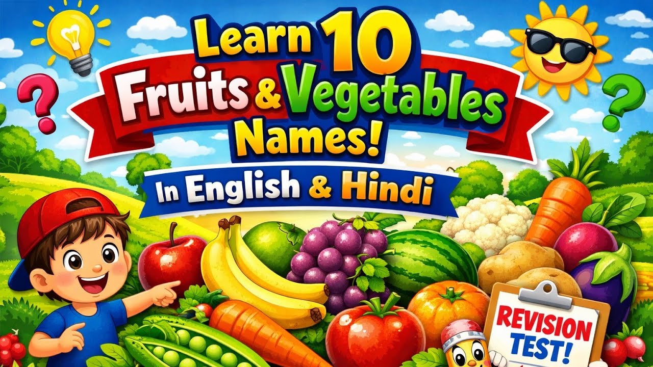 Learn 10 Fruits & Vegetables Names in English & Hindi | Kids Learning + Revision Test