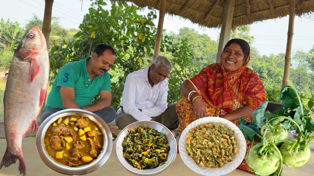 ছোট মামার পছন্দের বড় সাইজের সিলভার কার্প মাছ ওলকপি দিয়ে রান্না সঙ্গে বেগুন পোড়া ॥ village_cooking