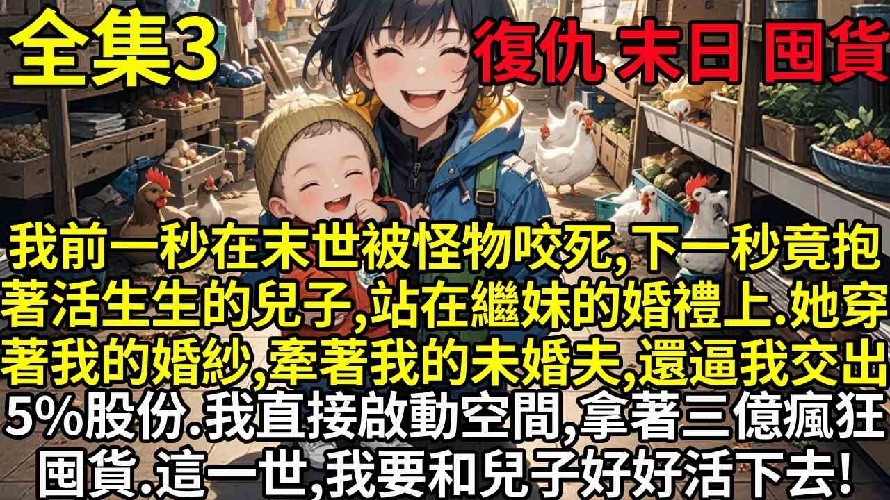 【3】我前一秒在末世被怪物咬死，下一秒竟抱著兒子，站在繼妹的婚禮上。她穿著我的婚紗，牽著我的未婚夫，還逼我交出5%股份。我直接啟動莊園空間，拿著三億現金瘋一樣的囤貨。這一世，我親手送渣男賤女下地獄！