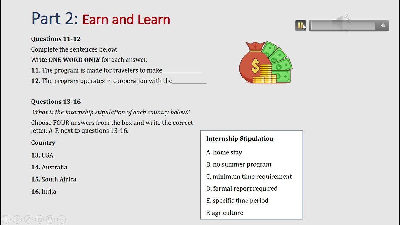 IELTS listening actual test Part 2: Earn and Learn (answer+ transcript)