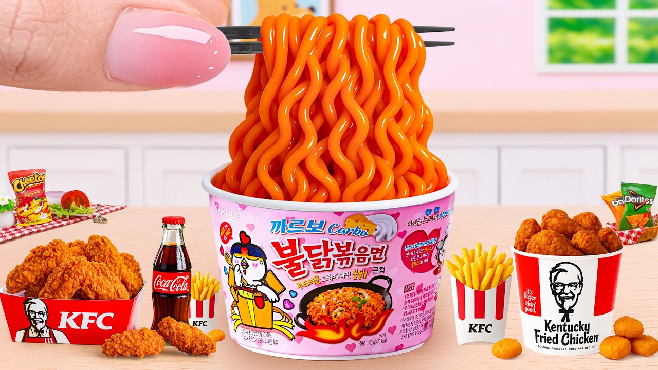 How To Cook Miniature Samyang Noodles with KFC Fried Wings and Coke by Tony Mini Food