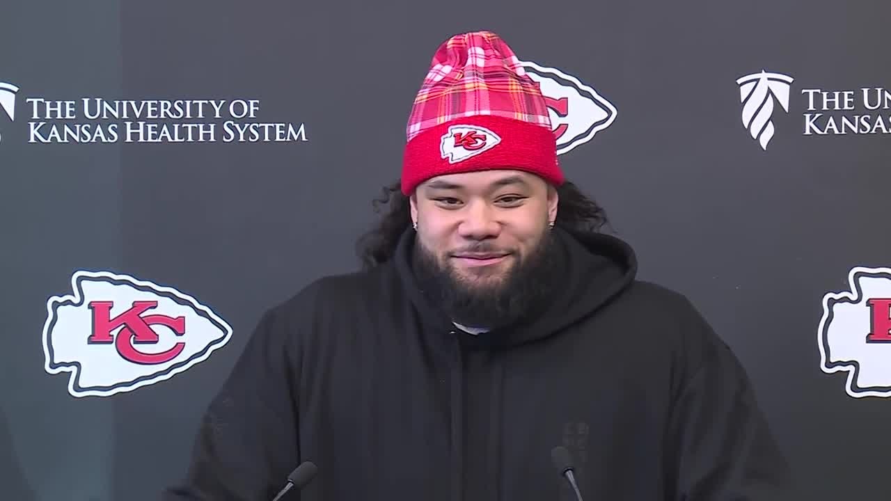 Khyiris Tonga speaks to reporters after joining the Kansas City Chiefs