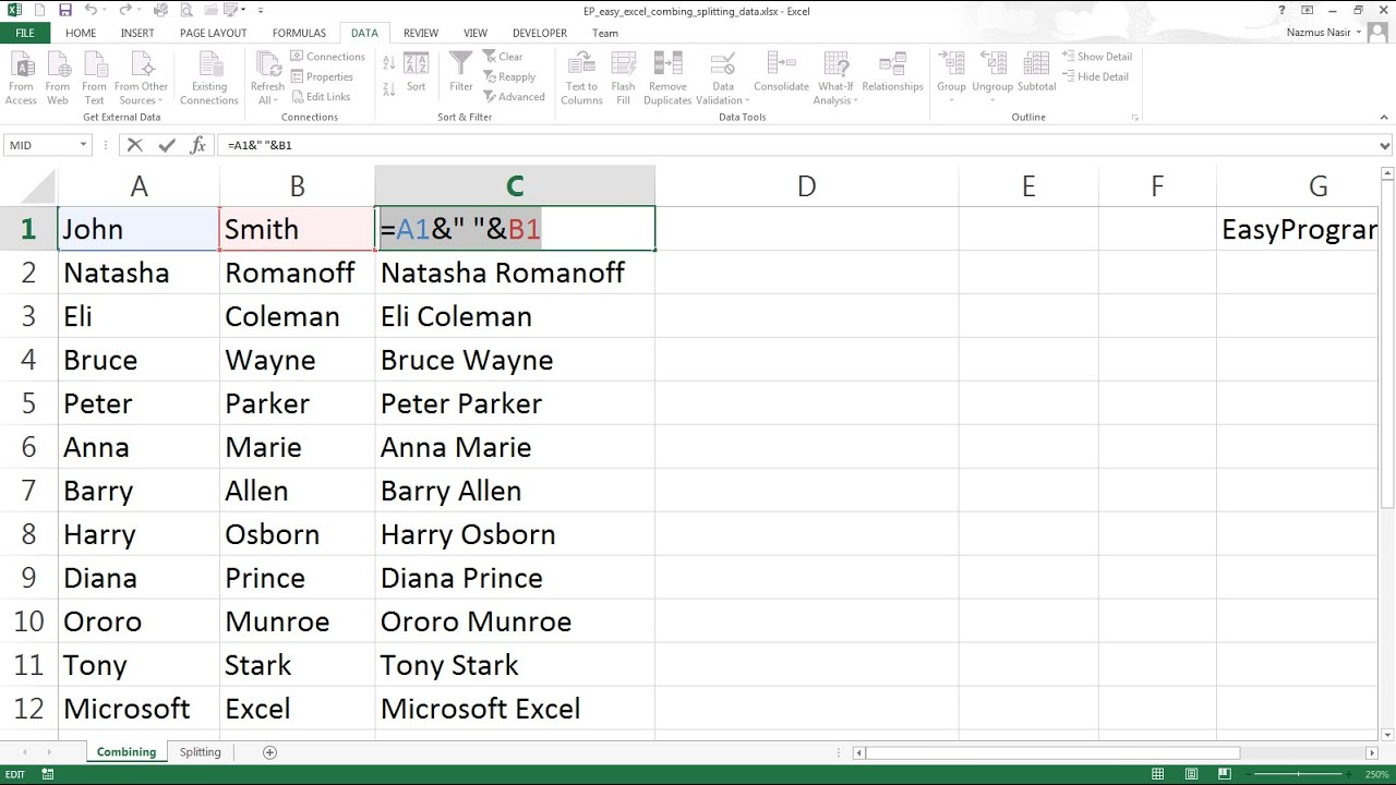Easy Excel - Combining Cells - Concatenation (10)