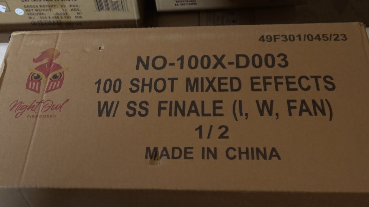 NO-100X-D003 100 shot mixed effects with SS Finale Night Owl compound cake (RKM Fireworks)