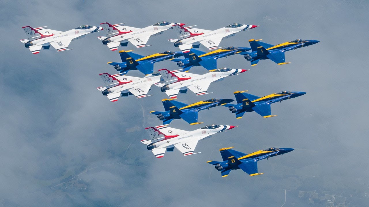 Air Force Thunderbirds and Navy Blue Angels Take Off and Flyovers, America Strong