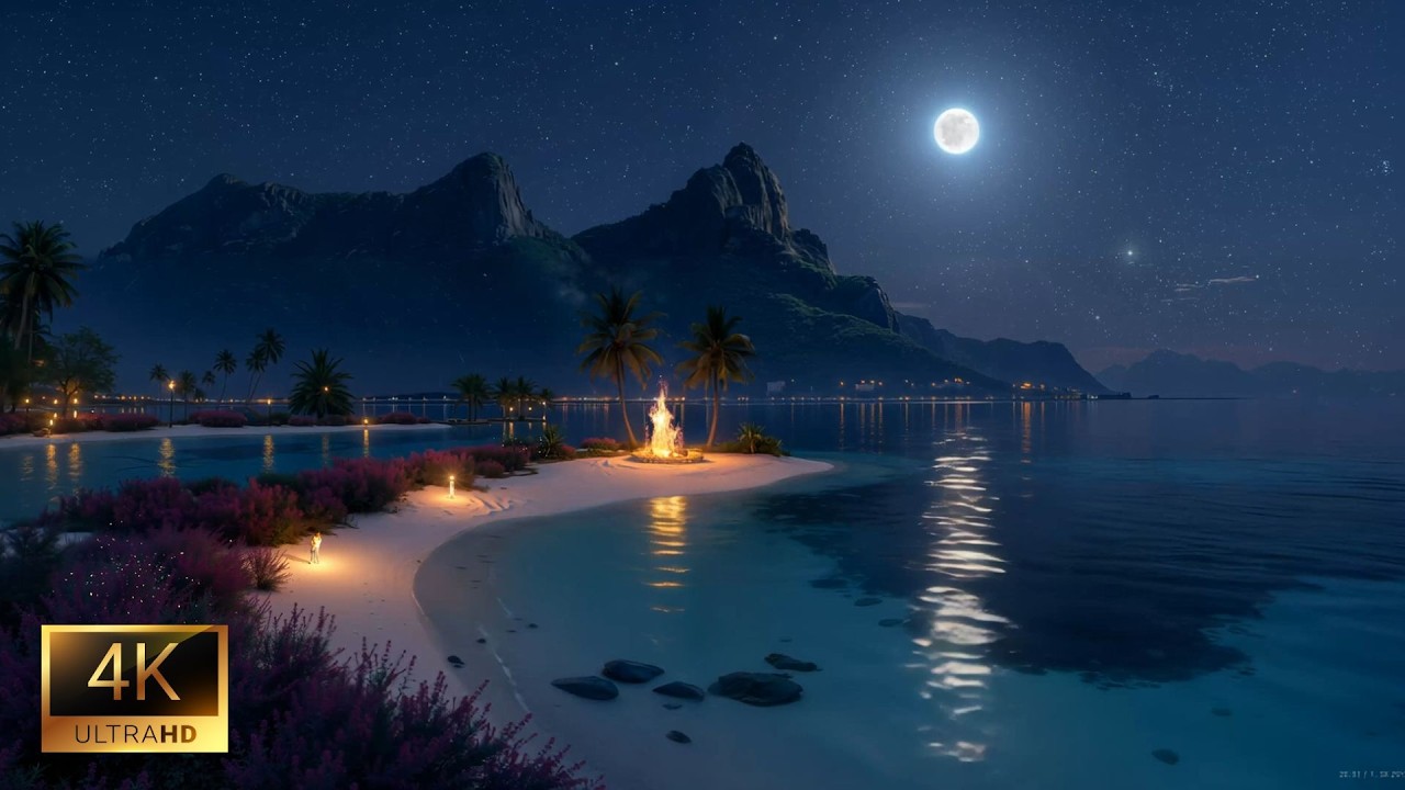 Soothing Beach Waves with Crackling Fire • Calm Sleep Ambience for Relaxing Night