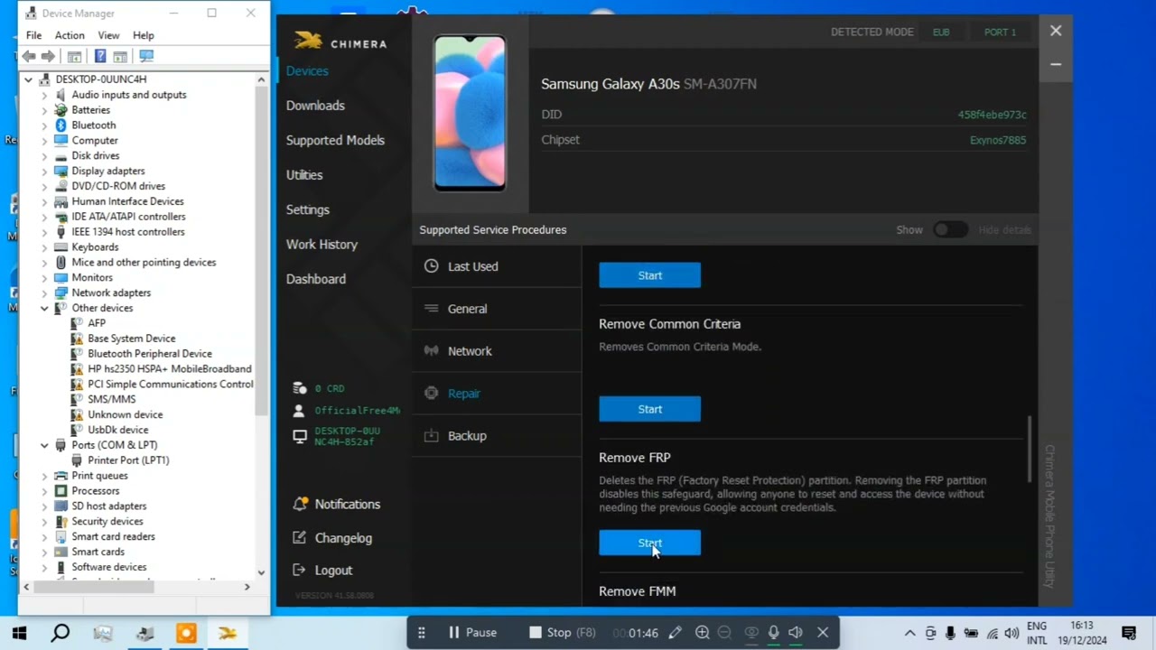 Samsung A30S SM-A307F Exynos 7904 Reset Frp Via Switch To EUB Mode By Chimera Tool Pro  | Free4Me
