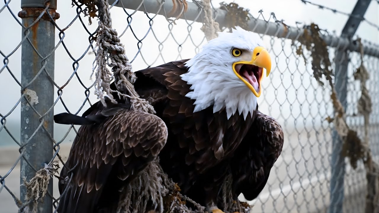 The moment an old man cut a net to rescue a mother eagle hanging from a fence