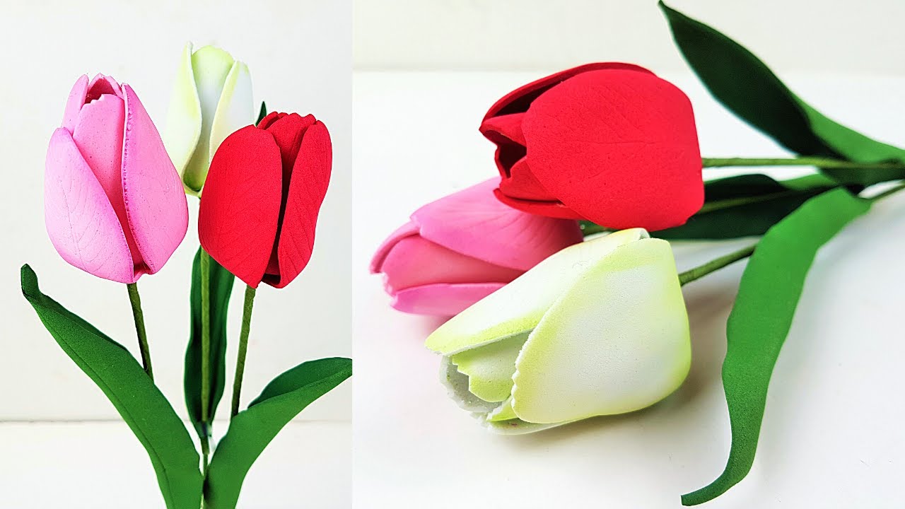 How to make (Foam Sheet) Tulip  flower easy |Step by step(Sinhala)|ෆෝම් ශීට් වලින් ට්යුලිප් මල් හදමු