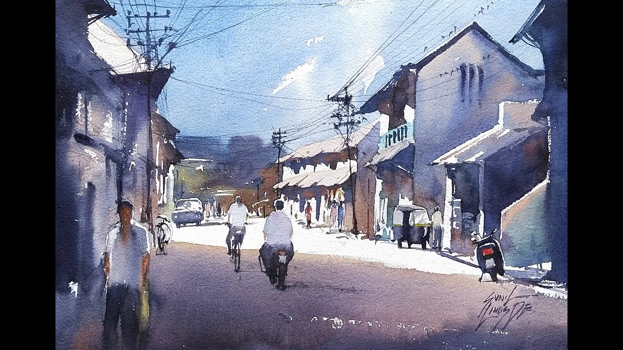 How to draw a Street in water colour . By Sunil Linus De