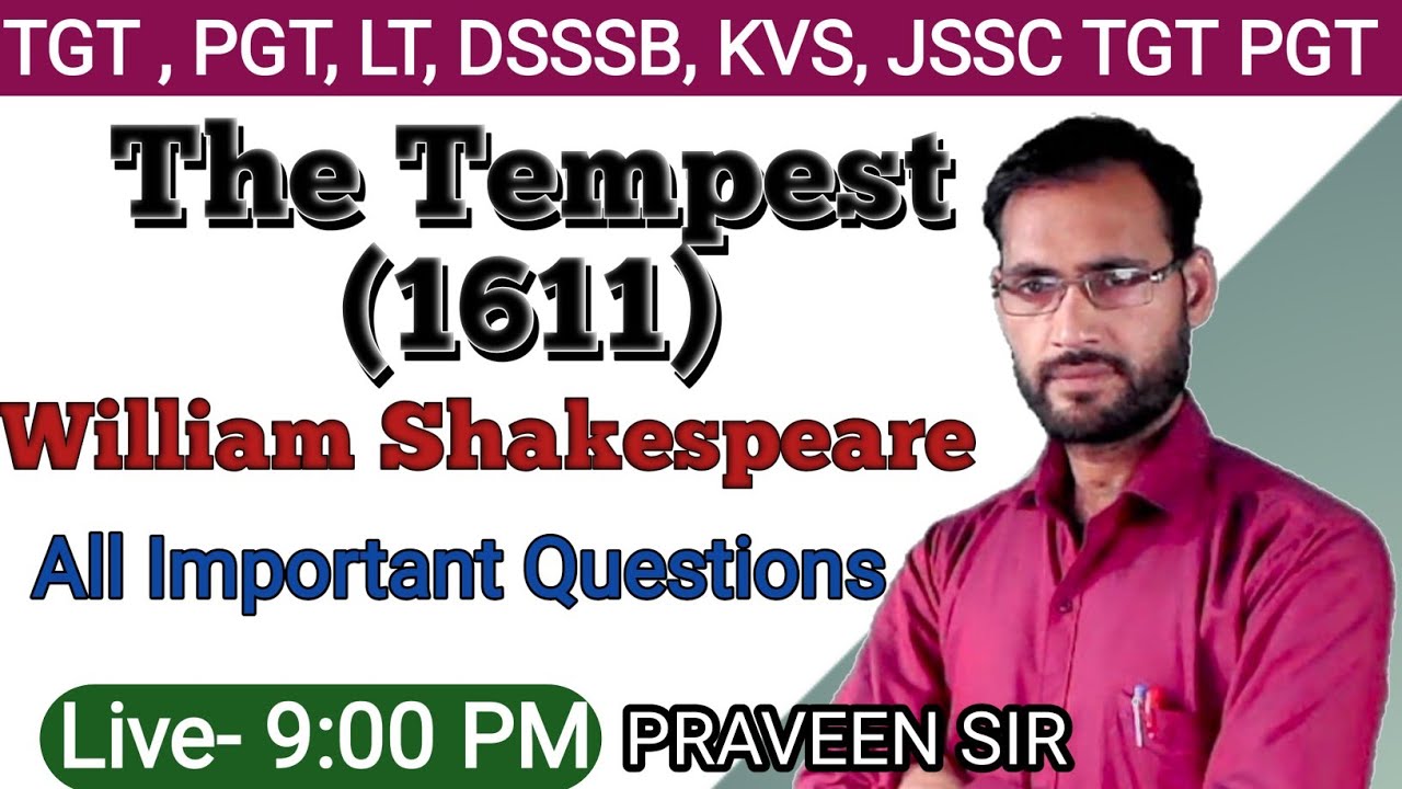The Tempest By Shakespeare All Important Questions || UP TGT PGT English, LT, DSSSB, GIC, KVS, NVS