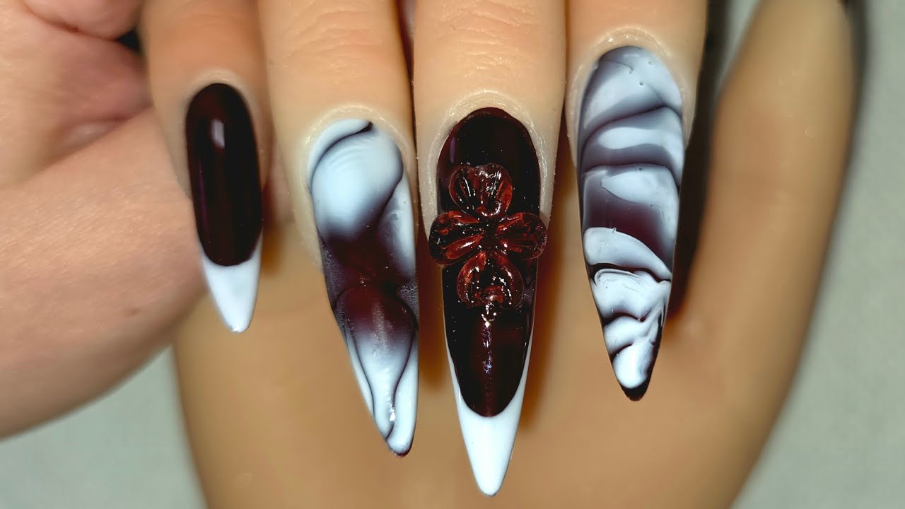 🌹✨ Luxury Burgundy Nails with White Marble & 3D Flower 🌹✨