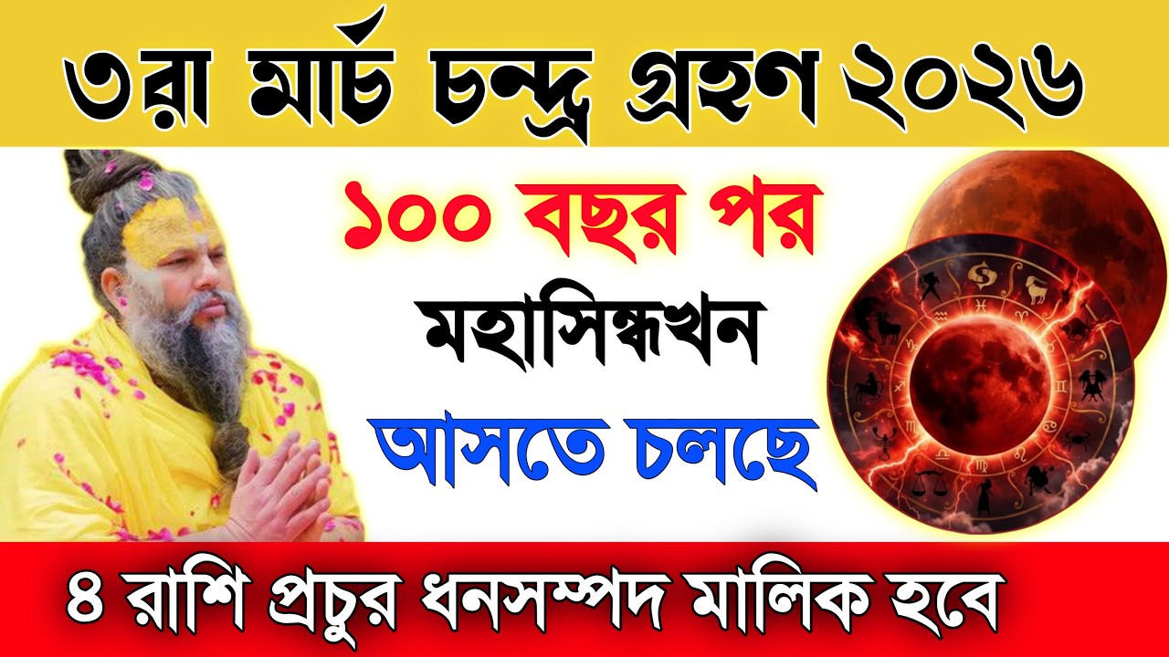 ৩রা মার্চ চন্দ্রগ্রহণ ২০২৬ 😱 ১০০ বছর পর এমন যোগ! আপনি কি সেই ৪ রাশির মধ্যে?