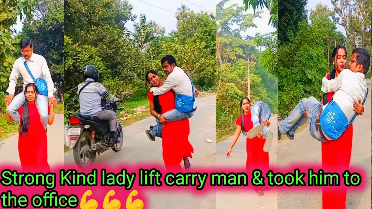 Kind strong lady liftcarry man/Kind strong girl carrying man on shoulders and took him to the office