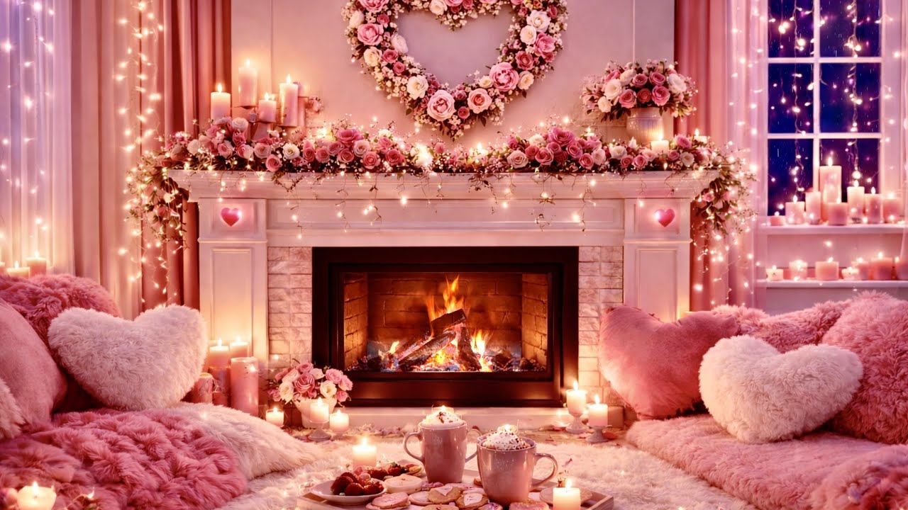 🌹 Dreamy Valentine&rsquo;s Day 💕 Pink Cozy Ambience 💖 Fireplace & Rain Sounds 🌹
