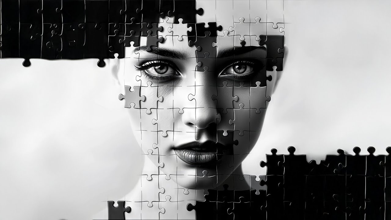 Seamless Puzzle Woman Loop | Surreal Monochrome Animation with Heart Reveal (1920x1080)