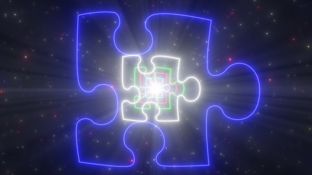 Jigsaw Puzzle Piece Shape Outline Glowing Neon Light Tunnel Particles 4K 60fps Wallpaper Background