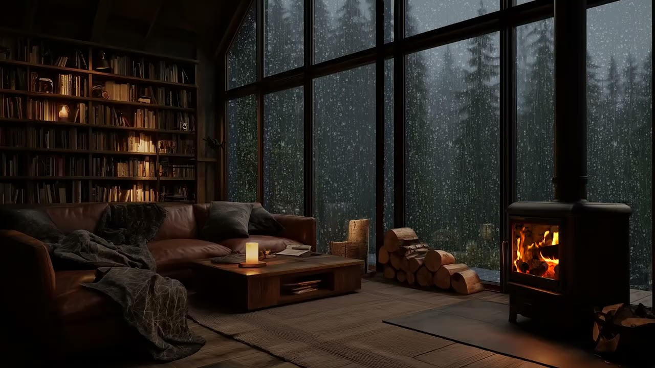 🔥 Winter Night Rain and Crackling Fire for Relaxing and Studying