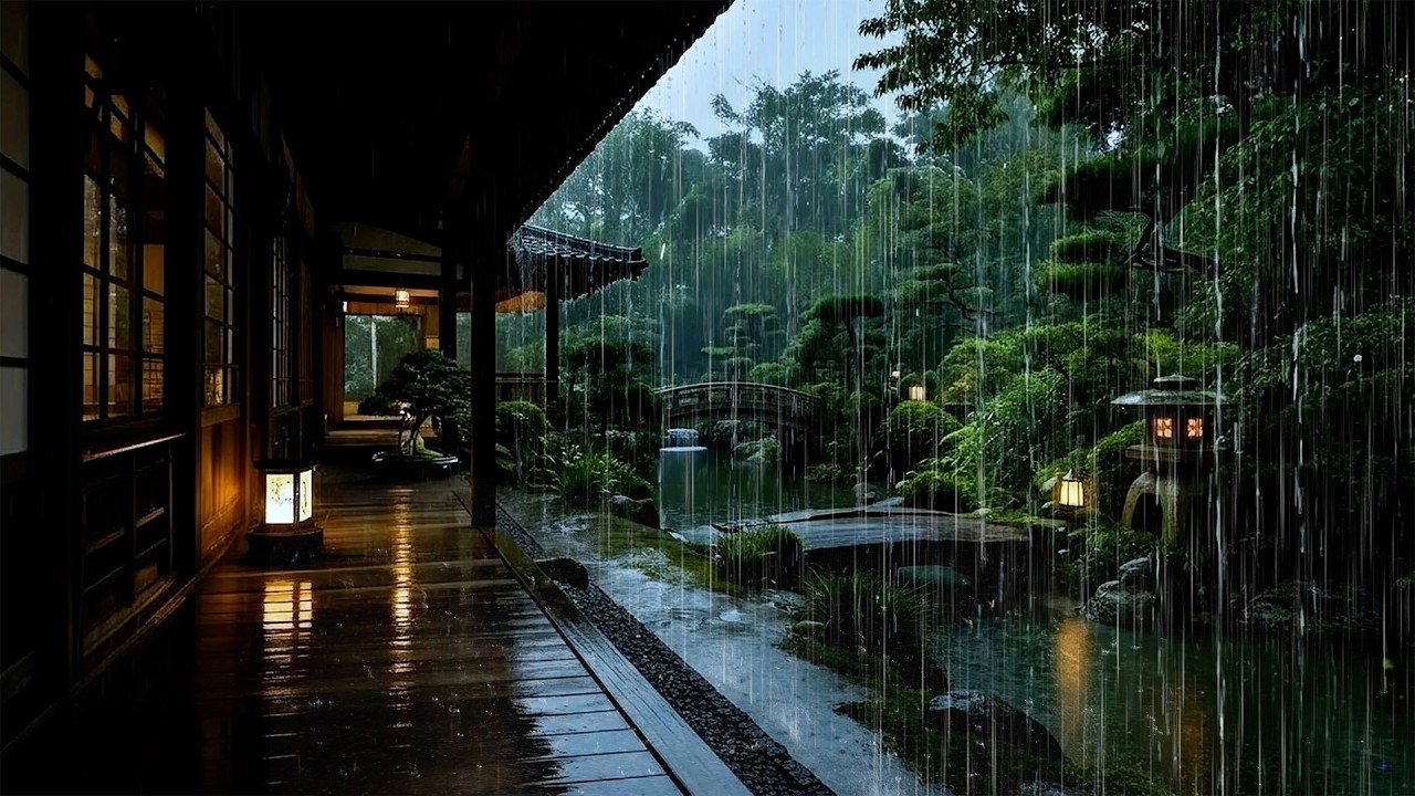 🌧️ Calm Rainstorm on Wooden Cabin to Sleep Instantly | Forest Rain ASMR on Garden Pond