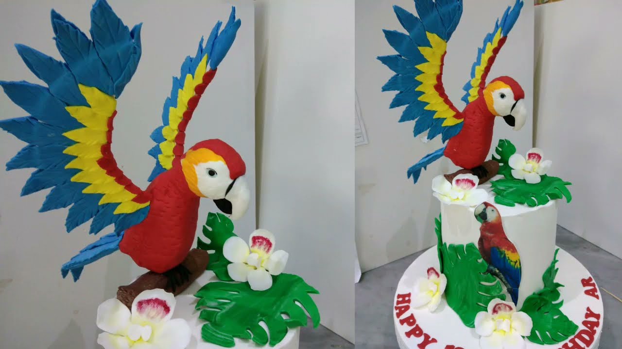 Easy to make 3D Parrot styro fondant, Edible flowers leaves, Birthday Cake Topper