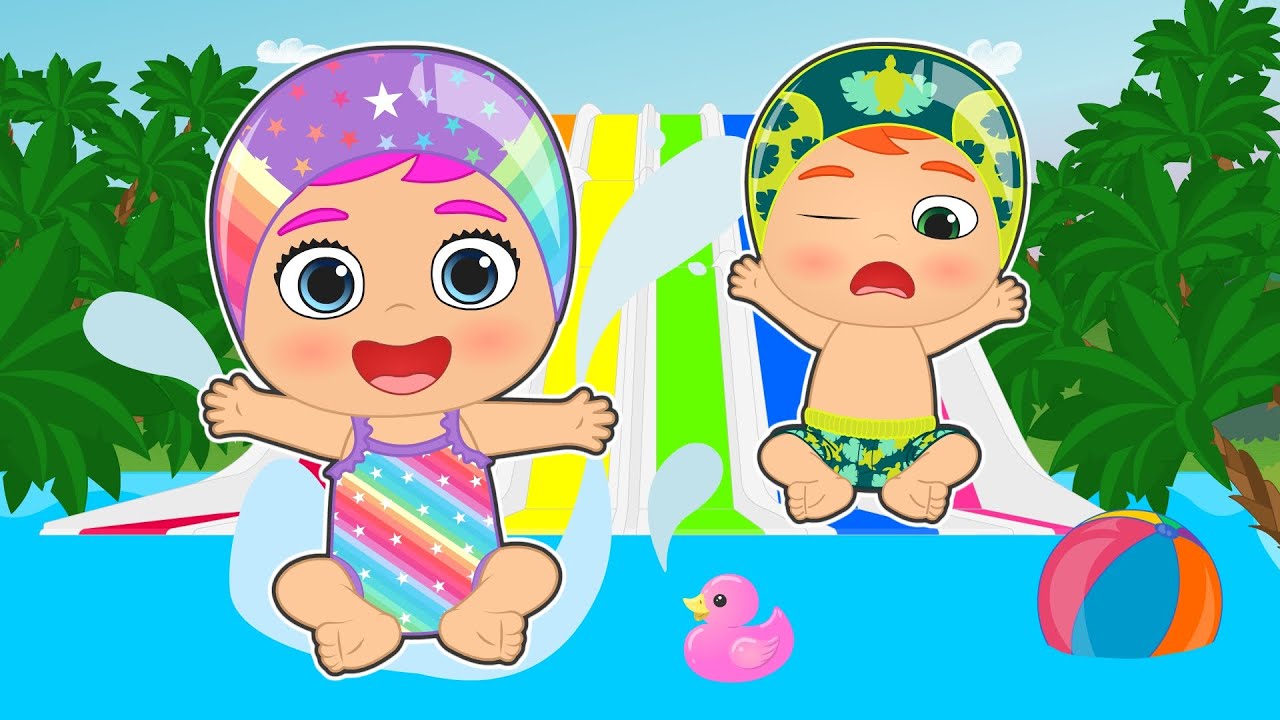 BEBÊS ALEX E LILY 🛝🩱 Brincam nos escorregadores da piscina do parque aquático
