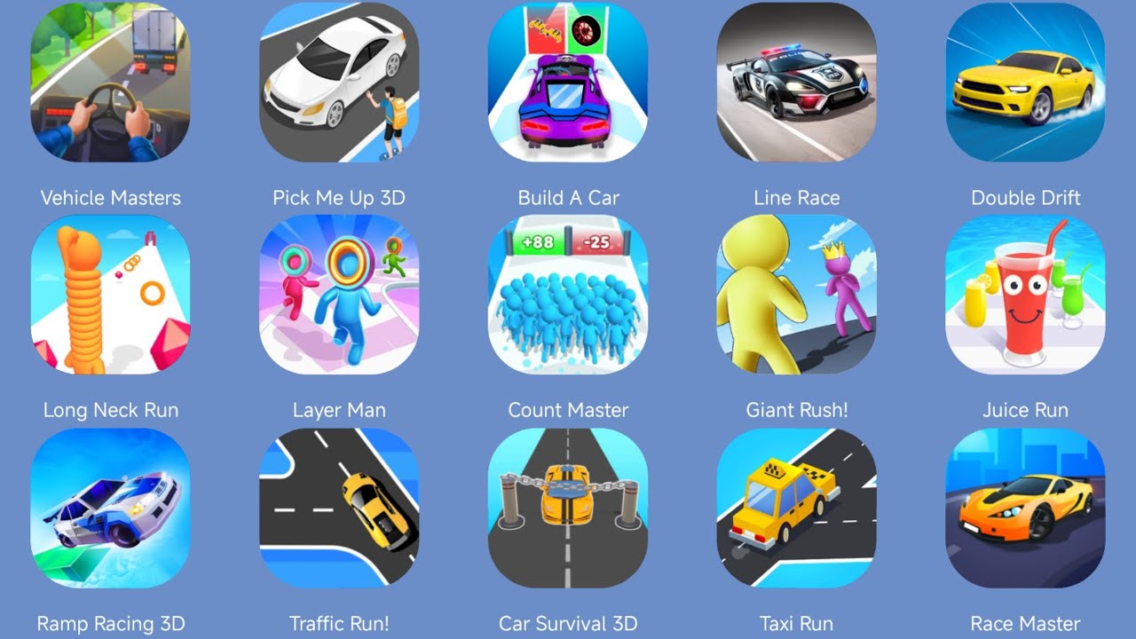 Vehicle Masters, Pick Me Up 3D, Build A Car, Line Race, Double Drift, Long Neck Run, Layer Man