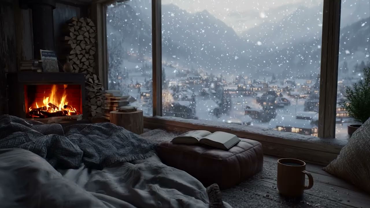 Snow Covered Cabin Night Ambience | Cozy Fireplace Sounds for Peaceful Sleep