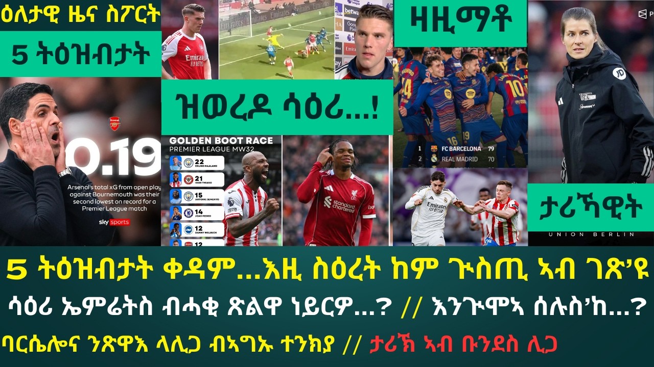 1ይ ዕለታዊ ዜና ስፖርት ሰንበት 12 ምያዝያ 2026፦ 5 ትዕዝብታት ስዕረት ኣርሰናል፣ ዓወት ሊቨርፑል፣ ክብርታት ትያጎን // ባርሴሎና ንላሊጋ ትዛዝሞ