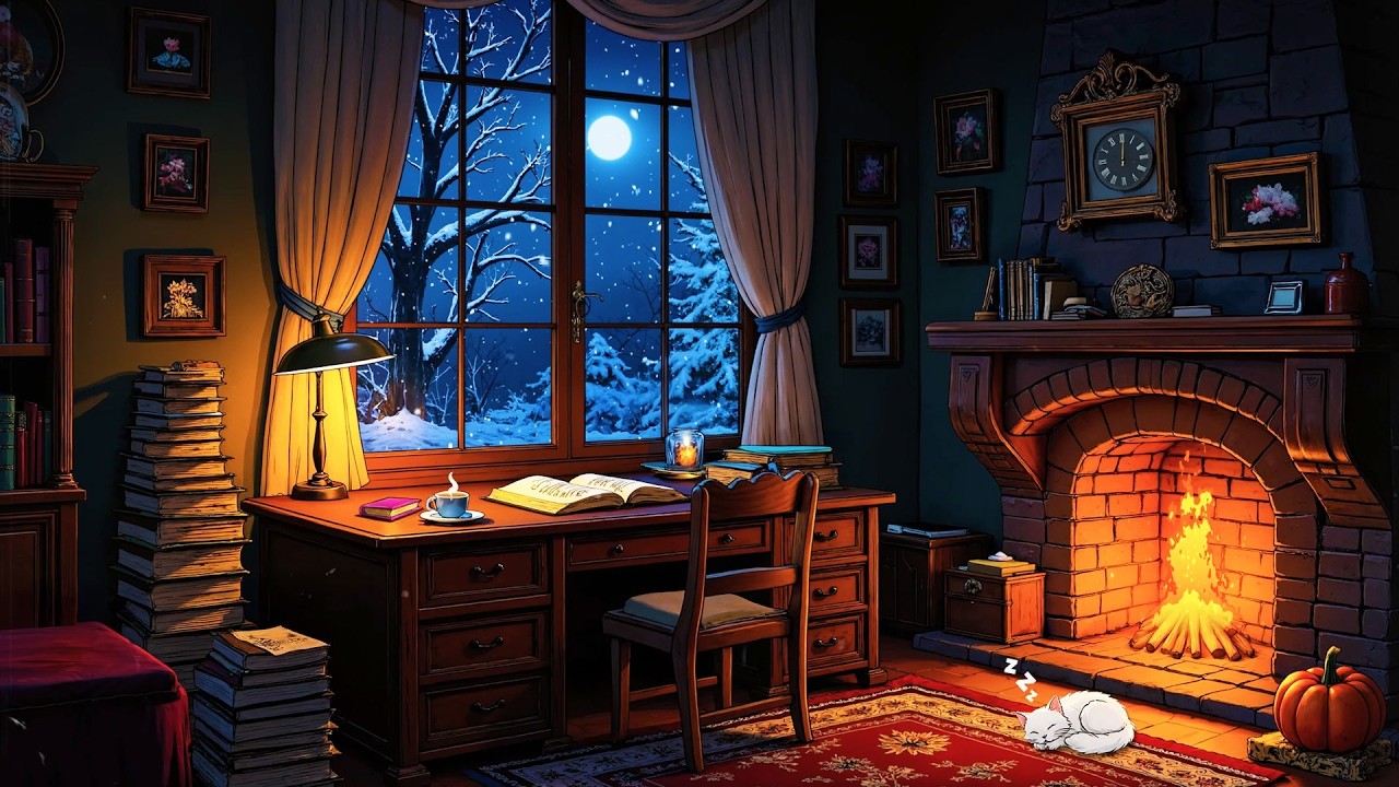 lost in 1920's cozy snowy night with oldies playing from another room for unwind (fireplace sound)