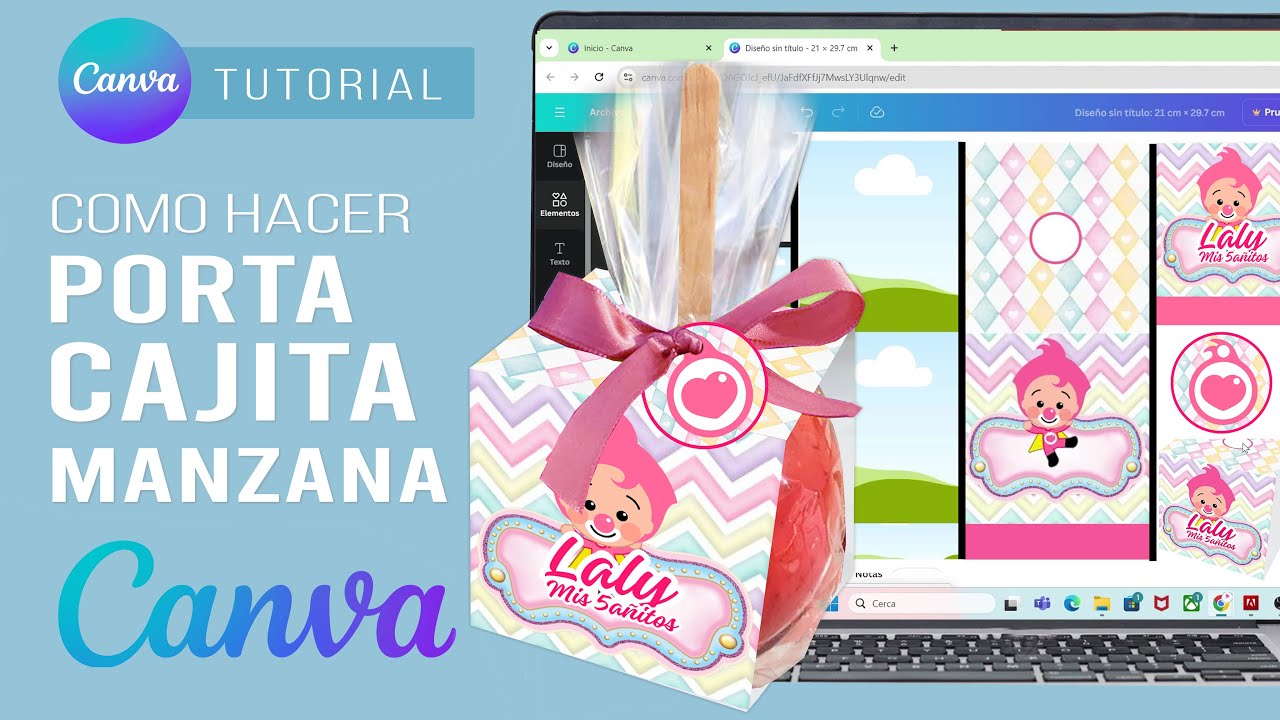 Como hacer PORTA CAJITA para MANZANAS DULCERAS CUMPLEANOS INFANTILES con canva paso a paso muy facil
