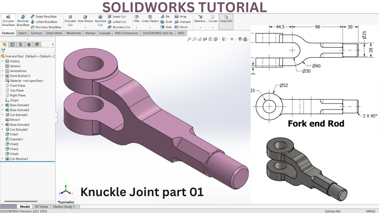 SolidWorks 3DModeling Tutorial: Fork end Rod | Knuckle Joint part 01