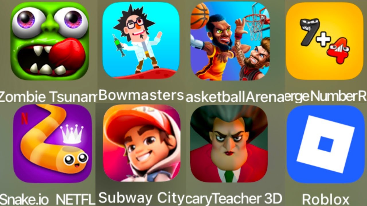 Zombie Tsunami,Bowmasters,Basketball Arena,Merge Number Run,Snake.io,Subway City,ScaryTeacher,Roblox