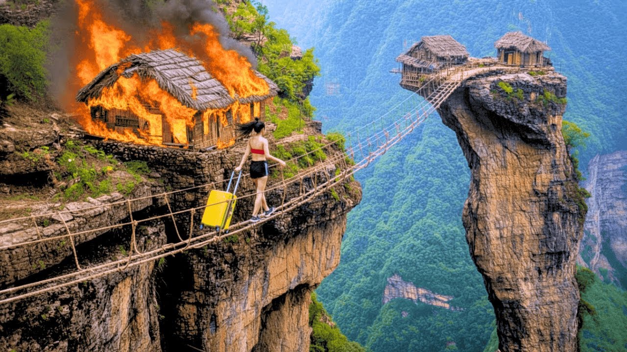 30 Days Survival 😱 Her Shelter Burned Down — Crossing a Deadly Rope Bridge