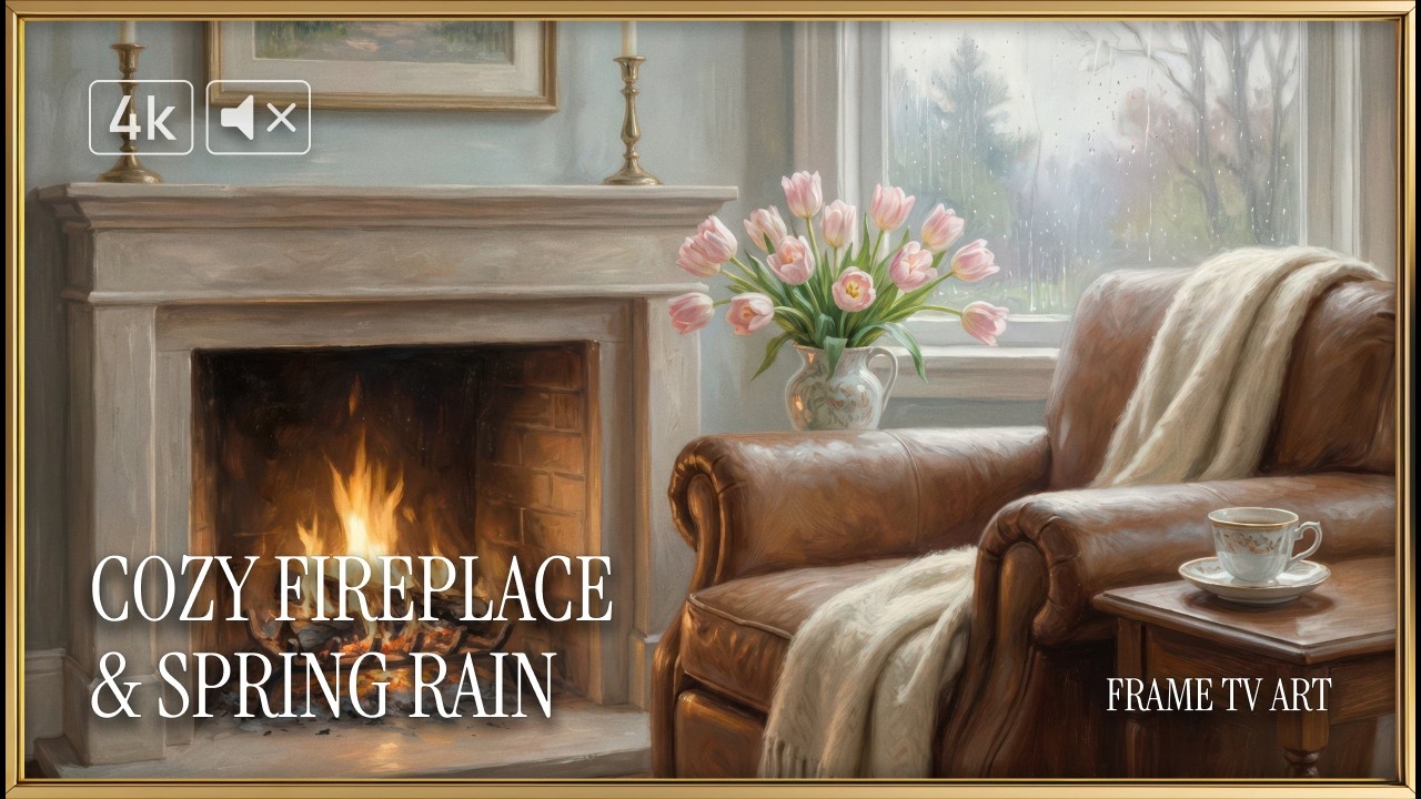 Cozy Fireplace & Spring Rain | 4K Frame TV Art | No Music